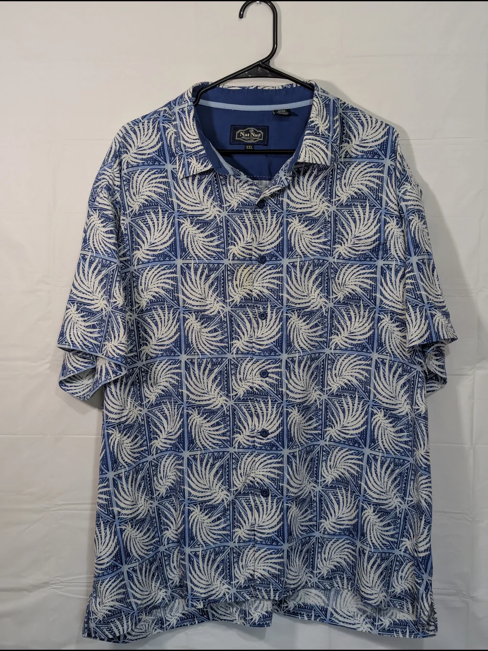 Nat Nast Men’s Hawaiian Shirt XXL Blue White Tropical Camp Shirt Button Front